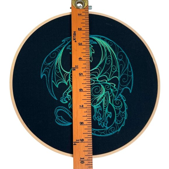 Dragon Embroidery Wall Hanging Art Teal Black in Bamboo Hoop 9.5\